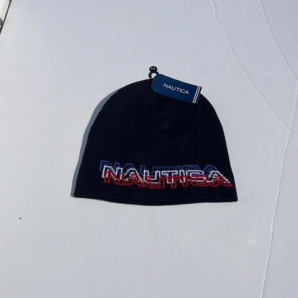 NWT-Nautica beanie-black with royal blue white red logo Nautica lettering hat.